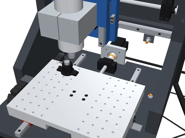 The table with its M6 grid and the tool setter in the rear-left corner.