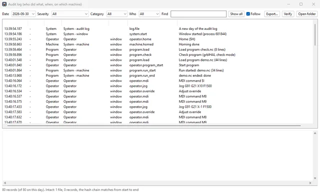 The audit log window (Ctrl+L). The footer: one file, 83 records, the hash chain matches from the first to the last.