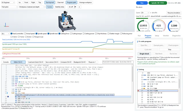 The editor stopped at a breakpoint on line 17: seconds per line in the margin, a static-rule hint under line 16, the machine state at the cursor in the status bar.