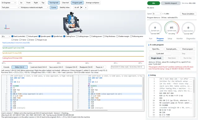The optimizer's result next to the version before it: 30.4 s → 27.2 s, only feeds and one spindle speed changed.